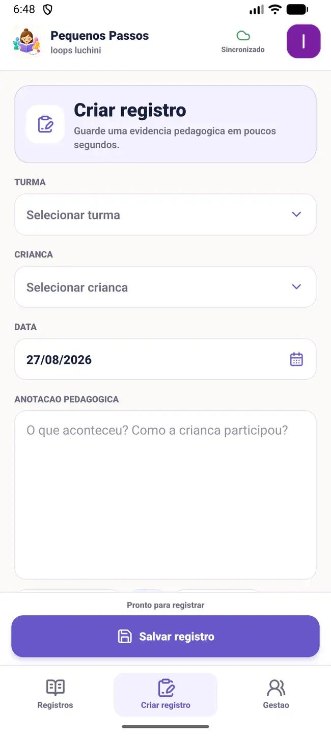 Tela real de criação de registro no aplicativo Android